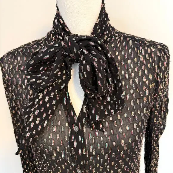 J. Crew Tie Neck Sheer Rainbow Lurex Dot Blouse Top In Black Size XS - Picture 4 of 14